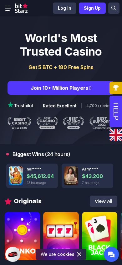 BitStarz homepage (mobile)