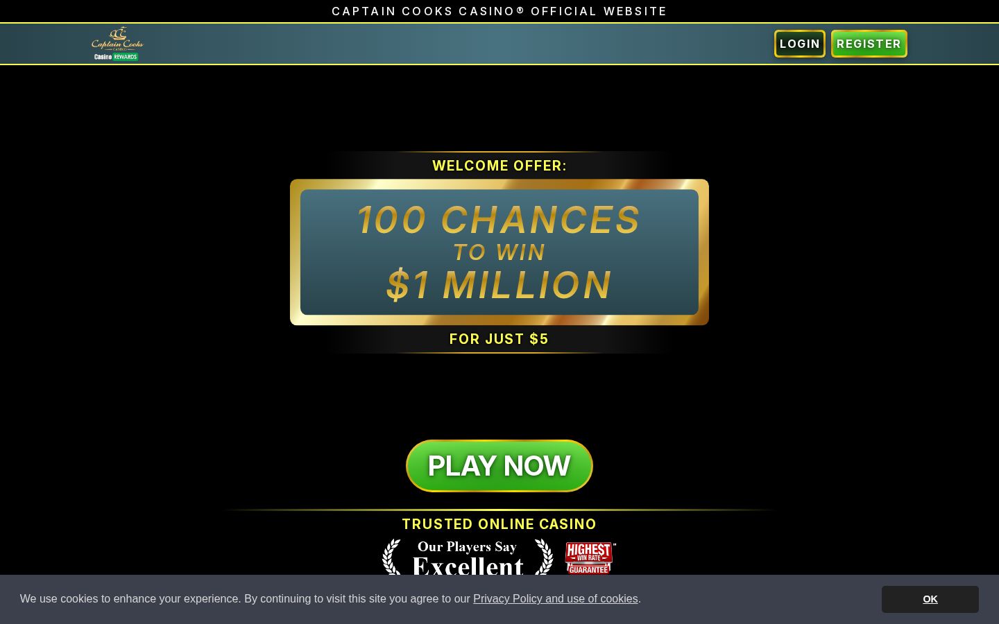 Captain Cooks Casino homepage (desktop)