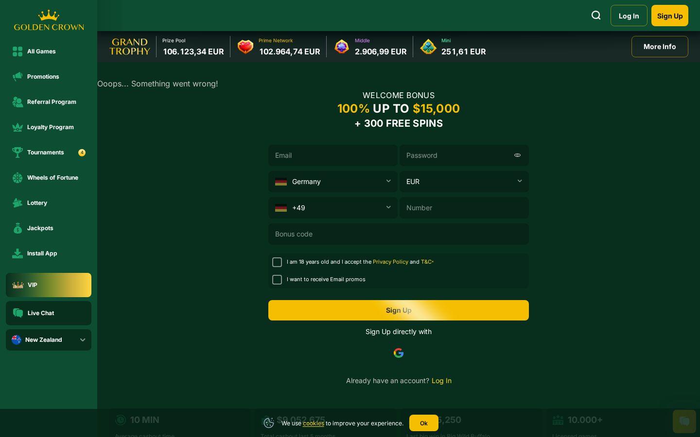 Golden Crown Casino homepage (desktop)