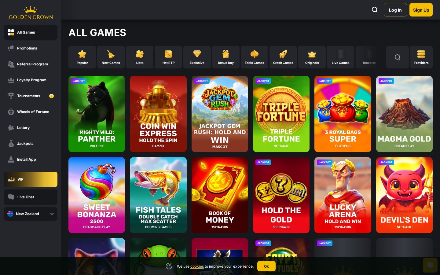 Golden Crown Casino games lobby (desktop)