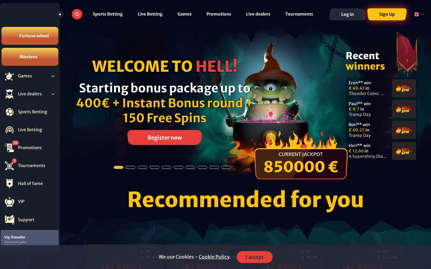 HellSpin homepage (desktop)