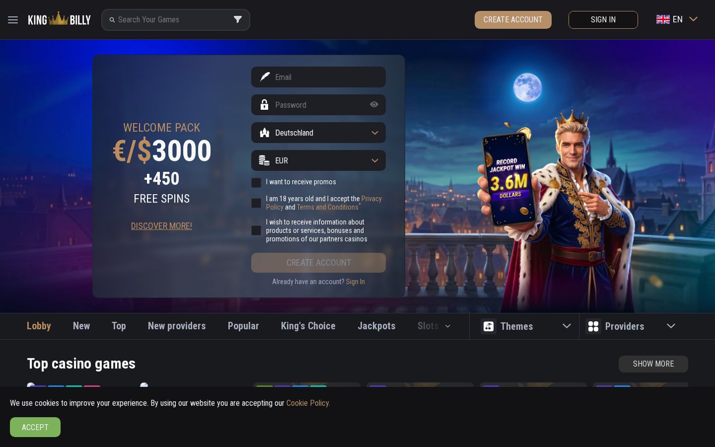 King Billy Casino homepage (desktop)