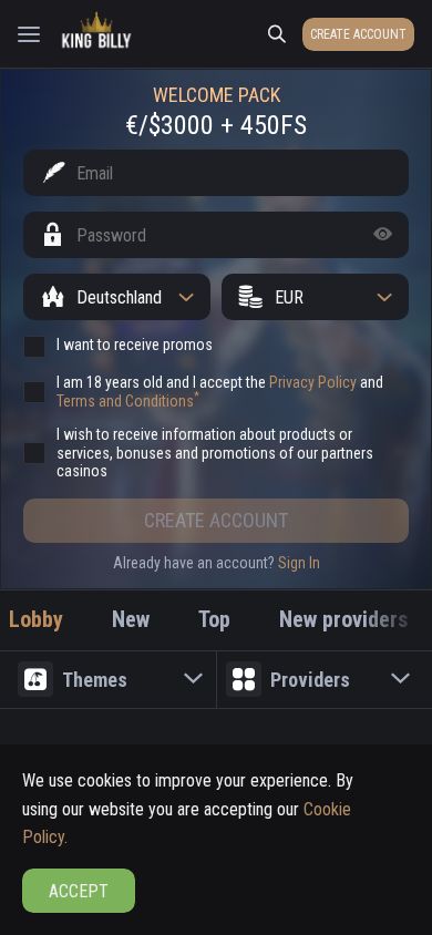 King Billy Casino homepage (mobile)
