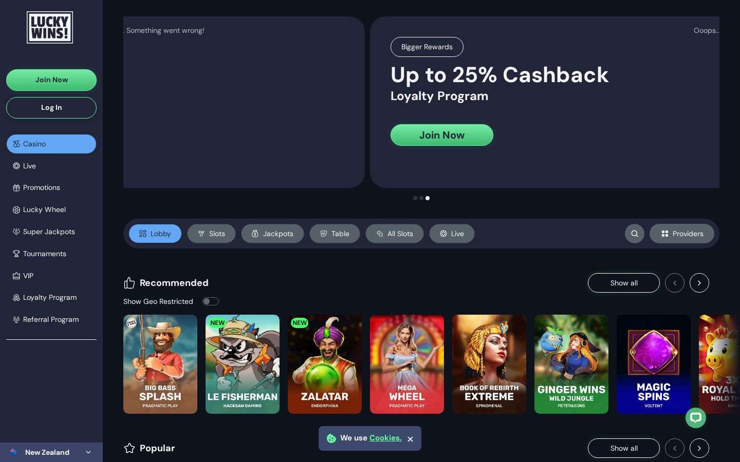 LuckyWins homepage (desktop)