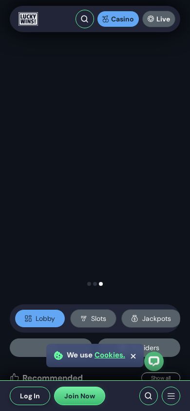 LuckyWins homepage (mobile)