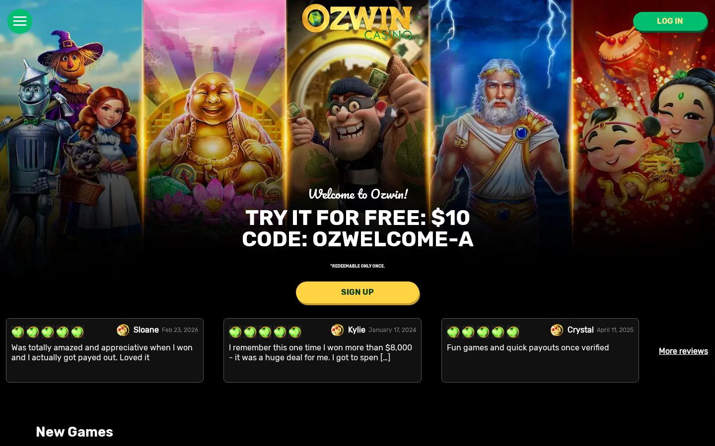 Ozwin Casino homepage (desktop)