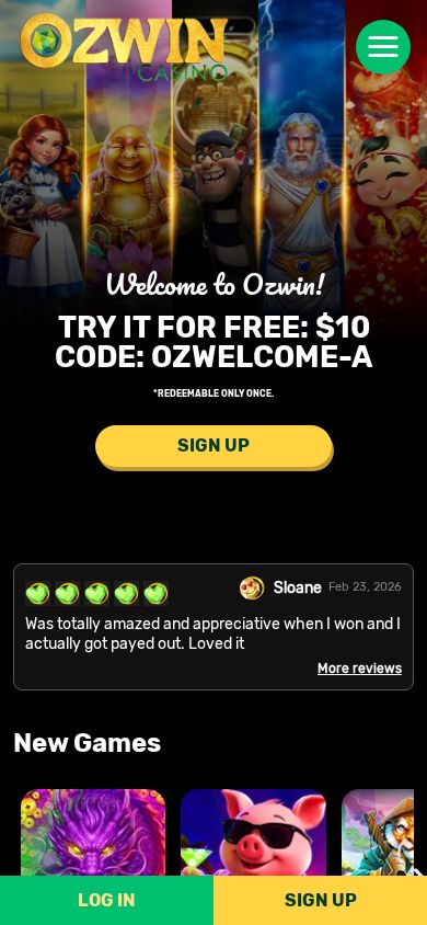 Ozwin Casino homepage (mobile)