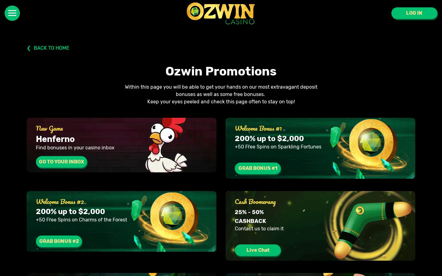 Ozwin Casino promotions page