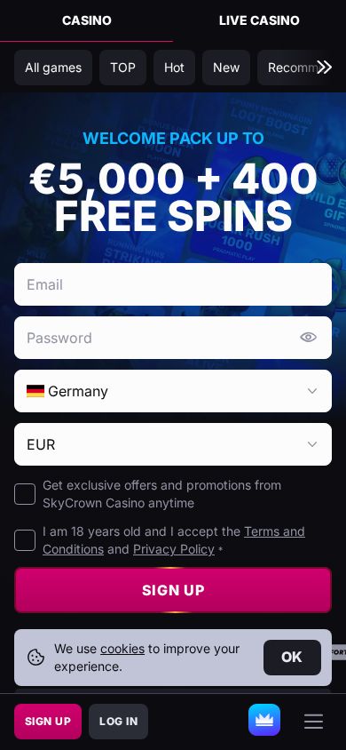 SkyCrown homepage (mobile)