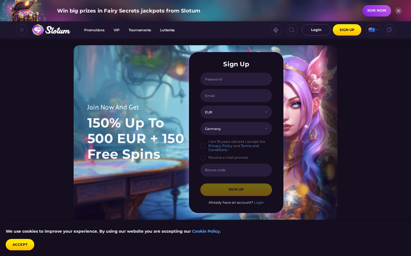 Slotum homepage (desktop)