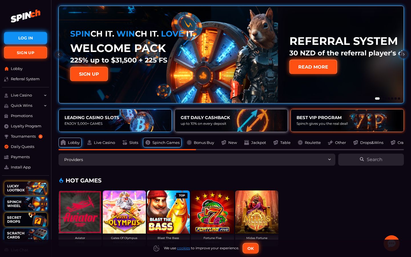 Spinch homepage (desktop)