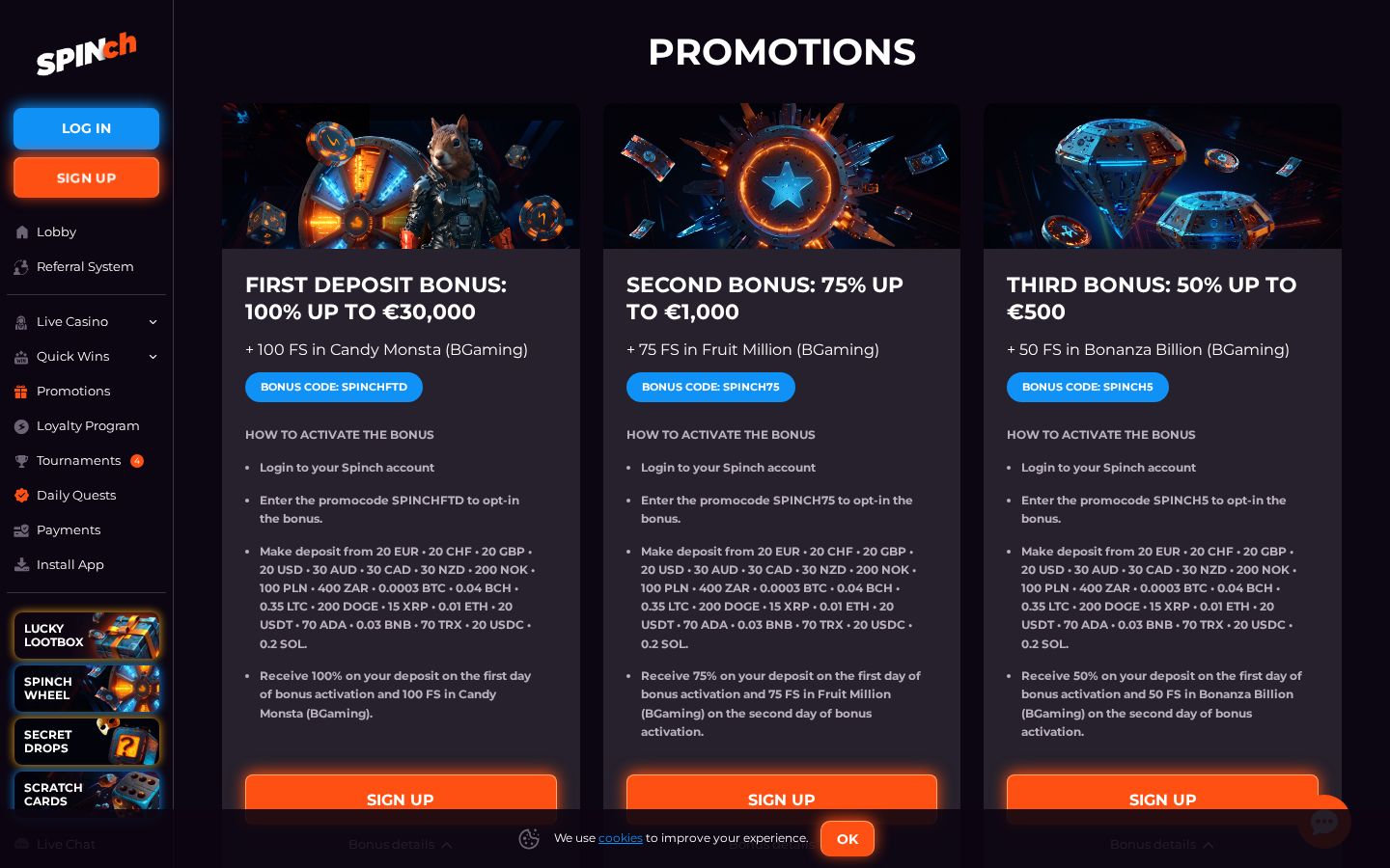 Spinch promotions page