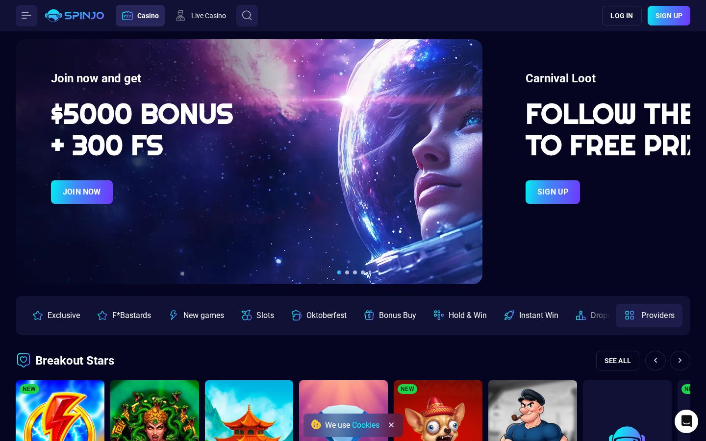 Spinjo homepage (desktop)