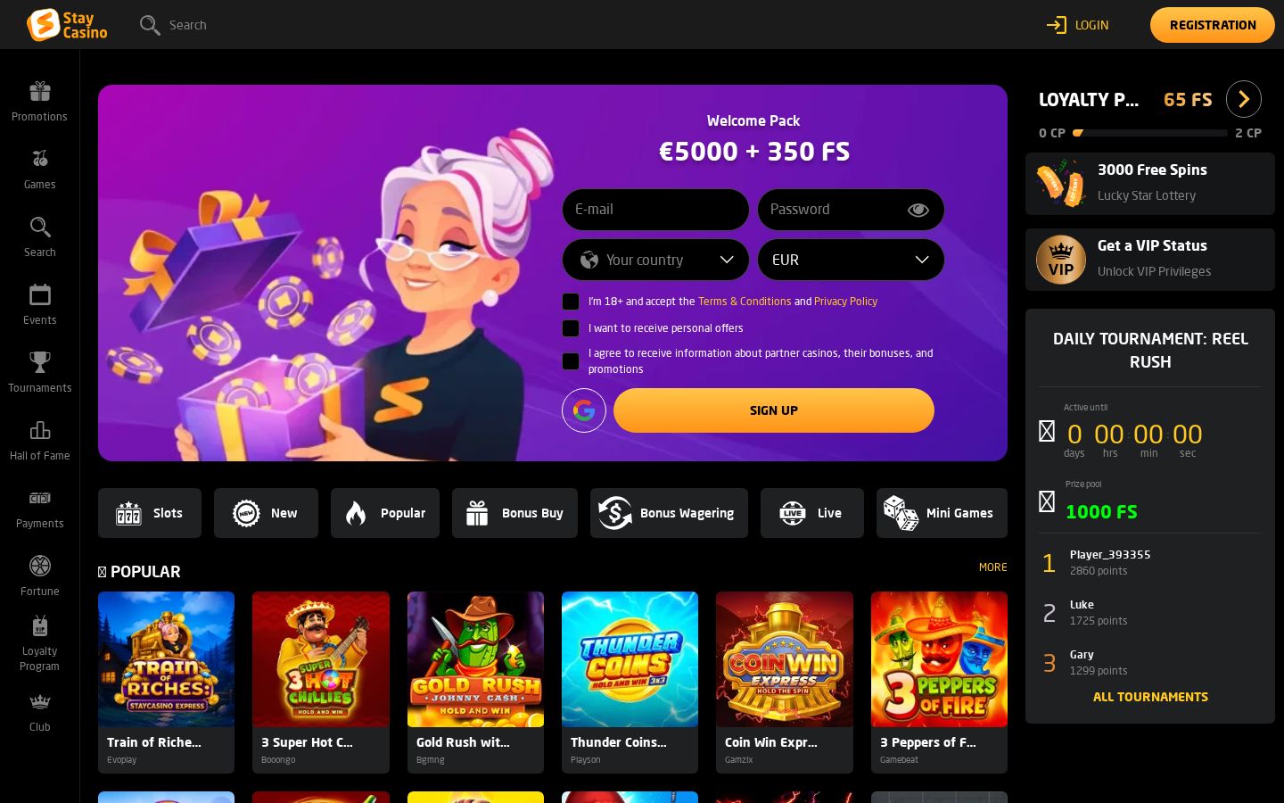 Stay Casino homepage (desktop)