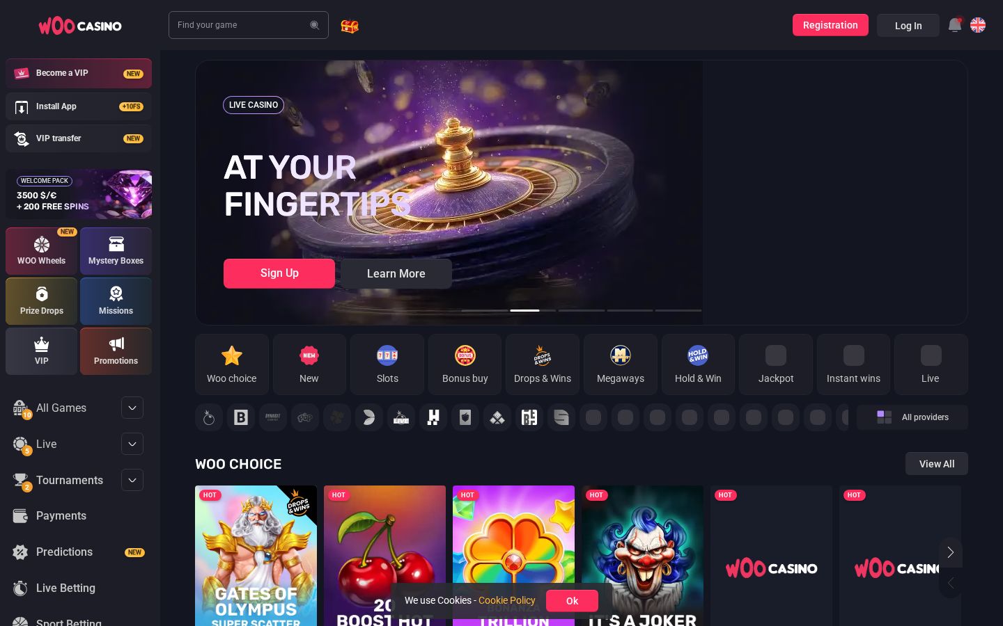 Woo Casino homepage (desktop)