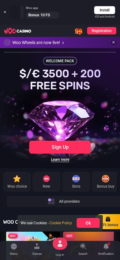 Woo Casino homepage (mobile)