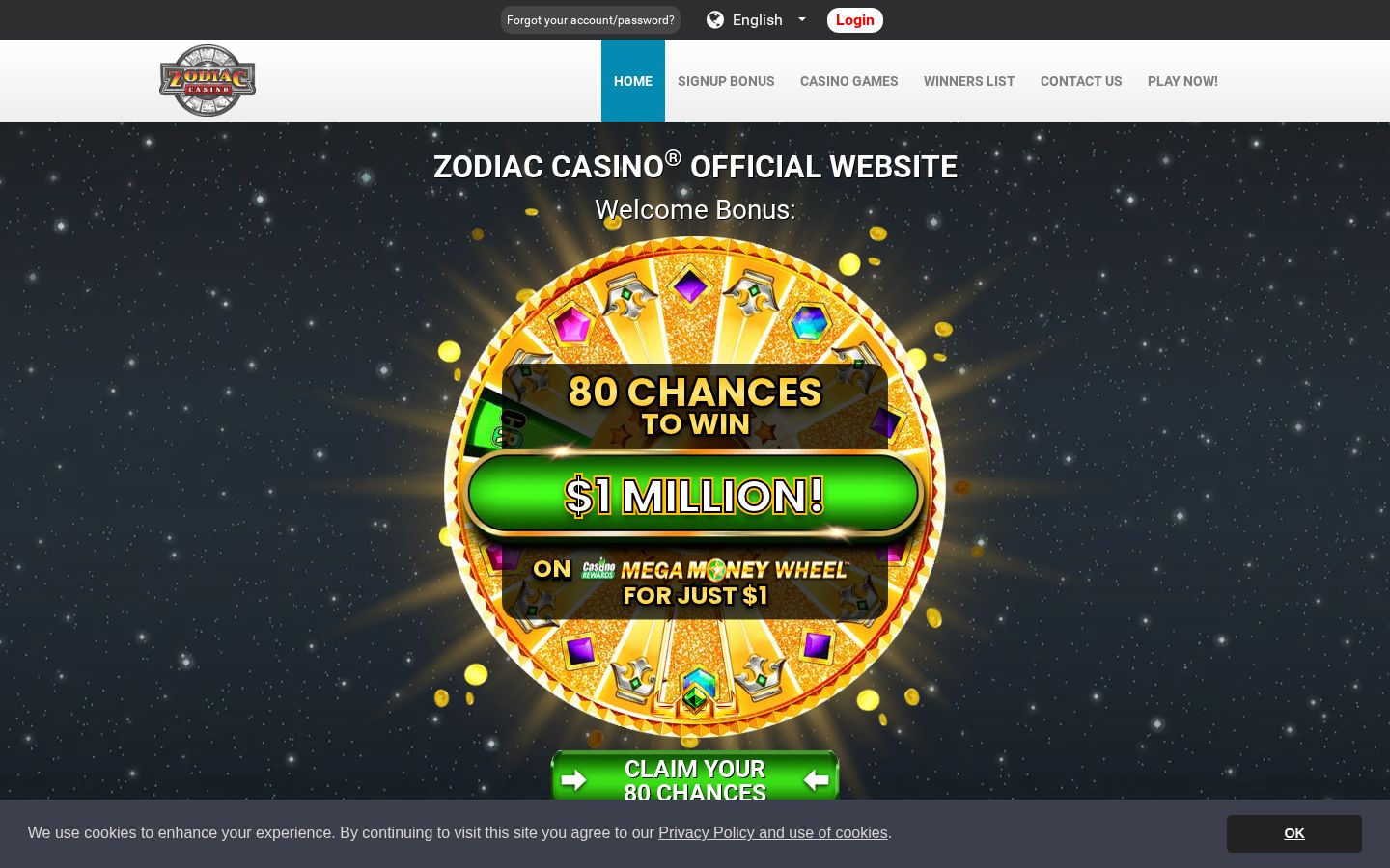 Zodiac Casino homepage (desktop)
