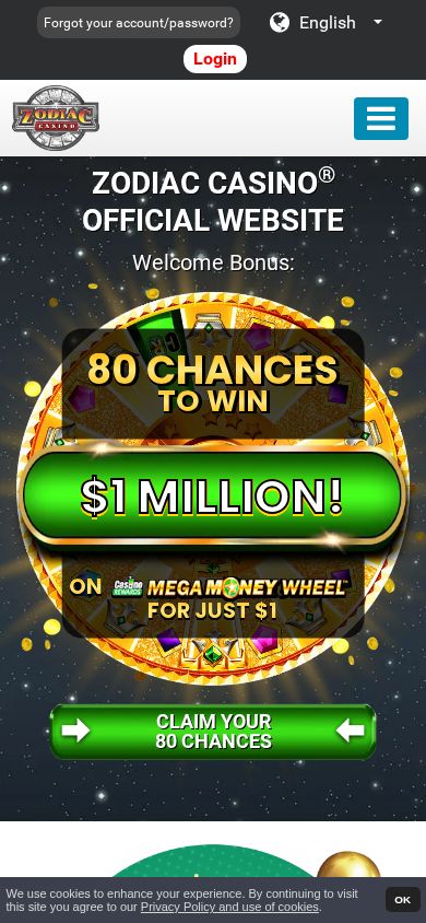 Zodiac Casino homepage (mobile)